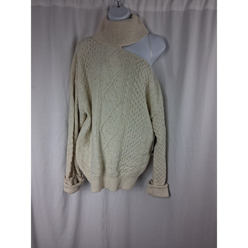 Sofia Turtleneck Cold Shoulder Cable Knit Cream Sequin Detail Womens Size L
